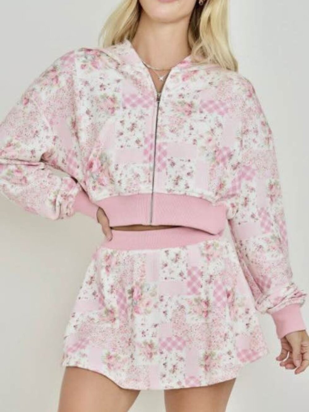 Womens Pink Zip Hoodie and Skirt Set Love Shack Fancy Vibes Floral Patchwork New